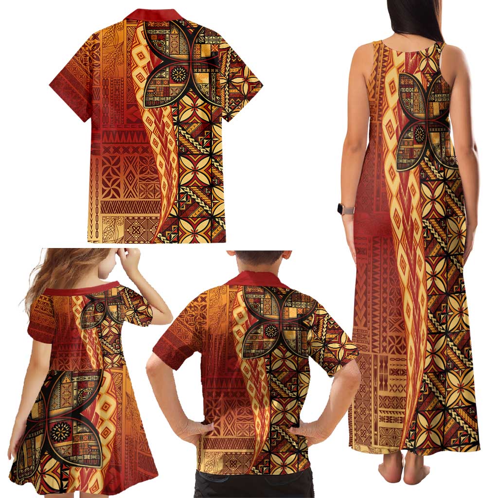 Samoan Pacific Tribal Flower Geometric Art Tattoos Family Matching Tank Maxi Dress and Hawaiian Shirt Siapo Pattern Flame Sunset LT03 - Polynesian Pride