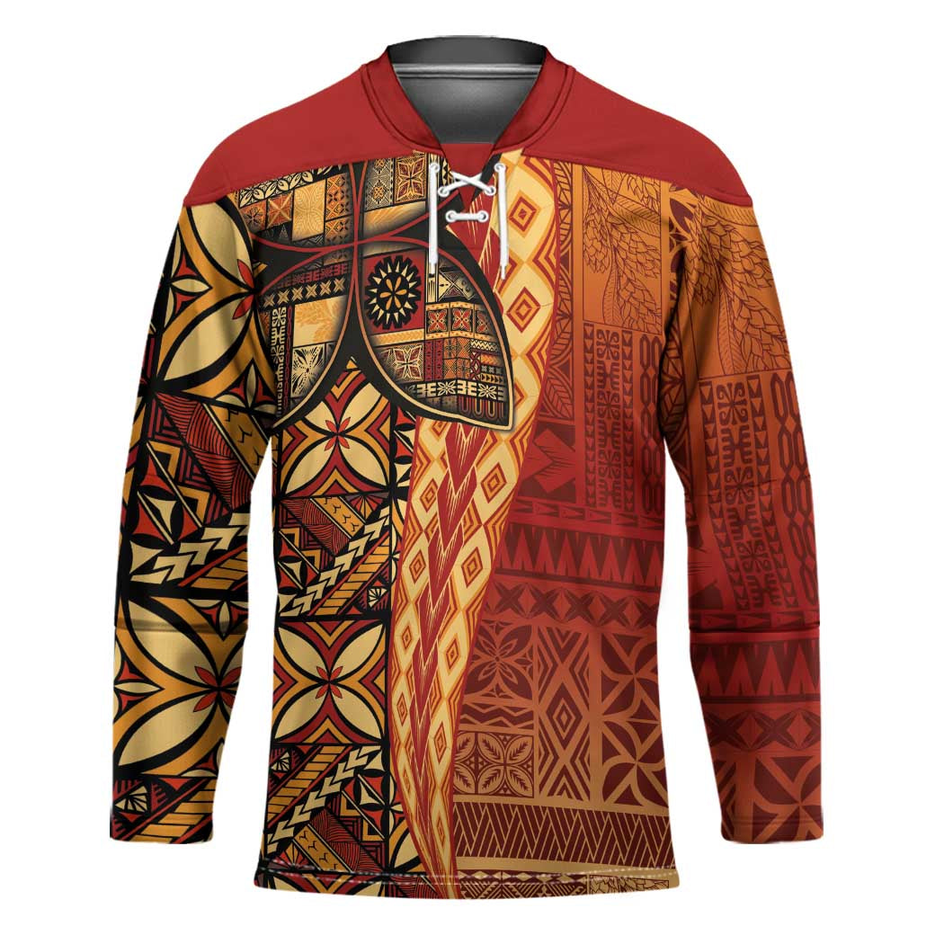 Samoan Pacific Tribal Flower Geometric Art Tattoos Hockey Jersey Siapo Pattern Flame Sunset LT03 Unisex Red - Polynesian Pride