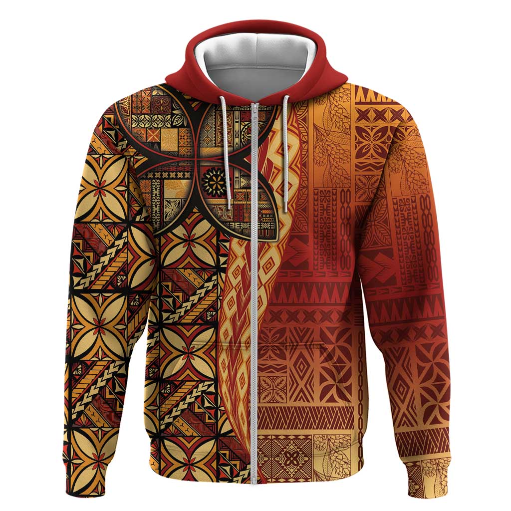 Samoan Pacific Tribal Flower Geometric Art Tattoos Hoodie Siapo Pattern Flame Sunset LT03 Zip Hoodie Red - Polynesian Pride