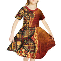 Samoan Pacific Tribal Flower Geometric Art Tattoos Kid Short Sleeve Dress Siapo Pattern Flame Sunset - Polynesian Pride