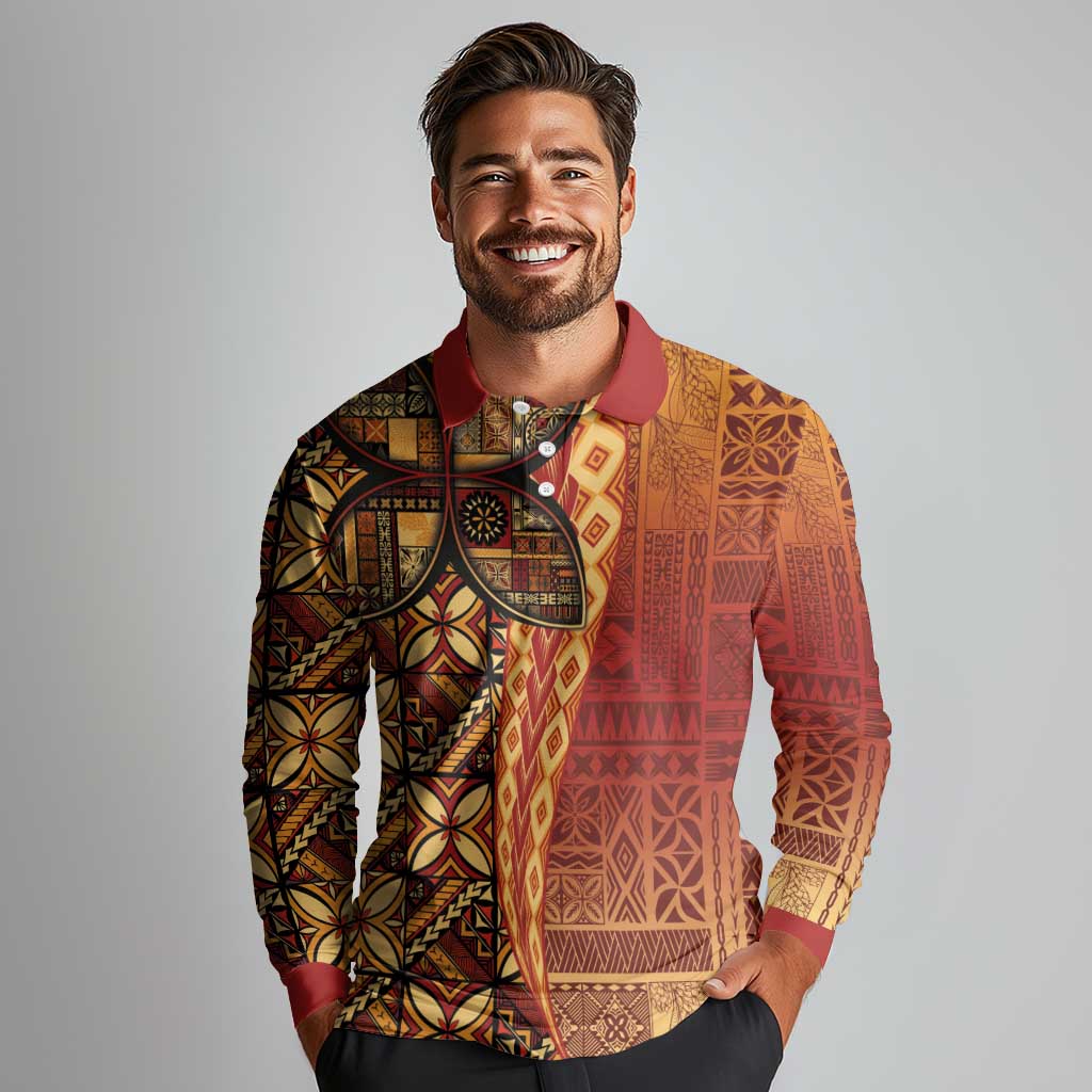 Samoan Pacific Tribal Flower Geometric Art Tattoos Long Sleeve Polo Shirt Siapo Pattern Flame Sunset - Polynesian Pride