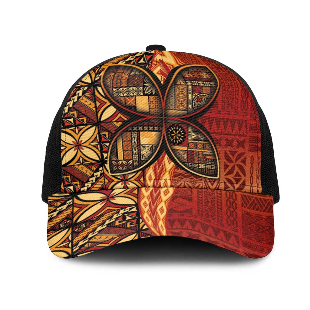 Samoan Pacific Tribal Flower Geometric Art Tattoos Mesh Trucker Cap Siapo Pattern Flame Sunset - Polynesian Pride