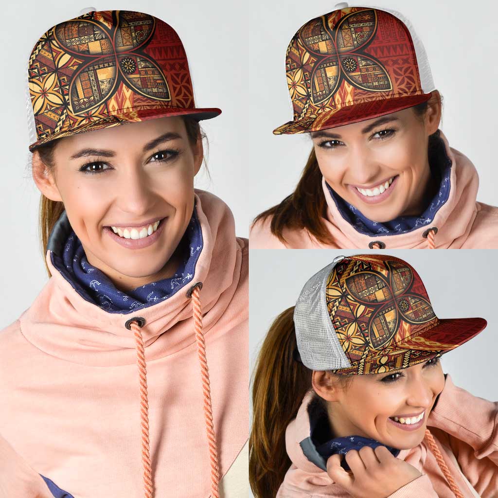 Samoan Pacific Tribal Flower Geometric Art Tattoos Mesh Trucker Cap Siapo Pattern Flame Sunset - Polynesian Pride