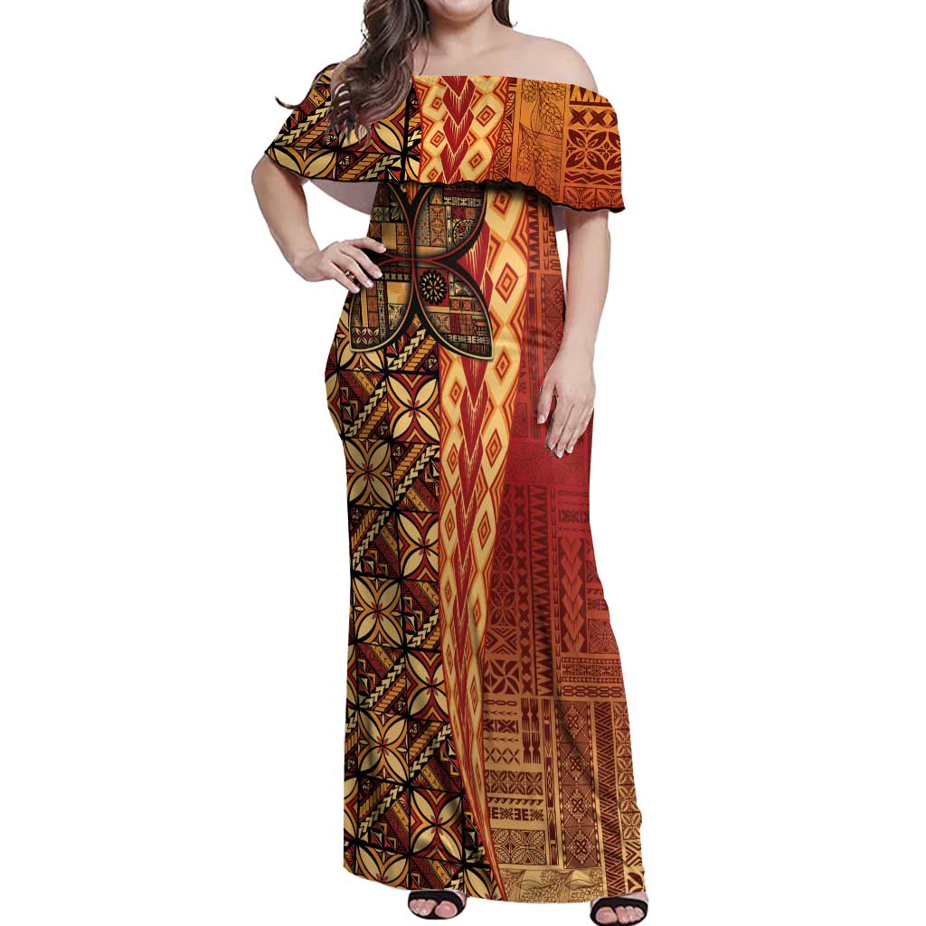 Samoan Pacific Tribal Flower Geometric Art Tattoos Off Shoulder Maxi Dress Siapo Pattern Flame Sunset - Polynesian Pride