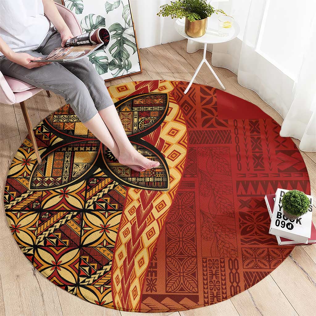 Samoan Pacific Tribal Flower Geometric Art Tattoos Round Carpet Siapo Pattern Flame Sunset - Polynesian Pride