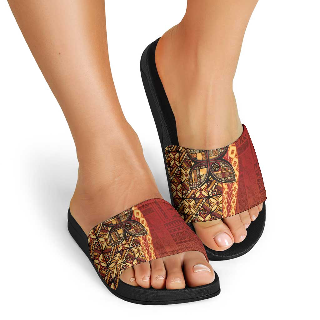 Samoan Pacific Tribal Flower Geometric Art Tattoos Slide Sandals Siapo Pattern Flame Sunset - Polynesian Pride