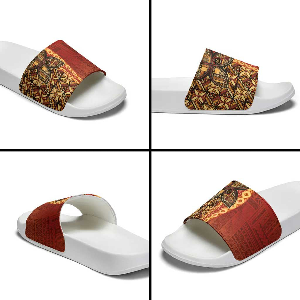 Samoan Pacific Tribal Flower Geometric Art Tattoos Slide Sandals Siapo Pattern Flame Sunset - Polynesian Pride