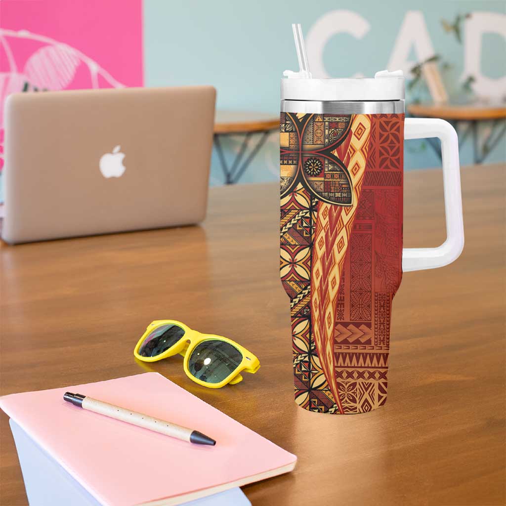 Samoan Pacific Tribal Flower Geometric Art Tattoos Tumbler With Handle Siapo Pattern Flame Sunset - Polynesian Pride