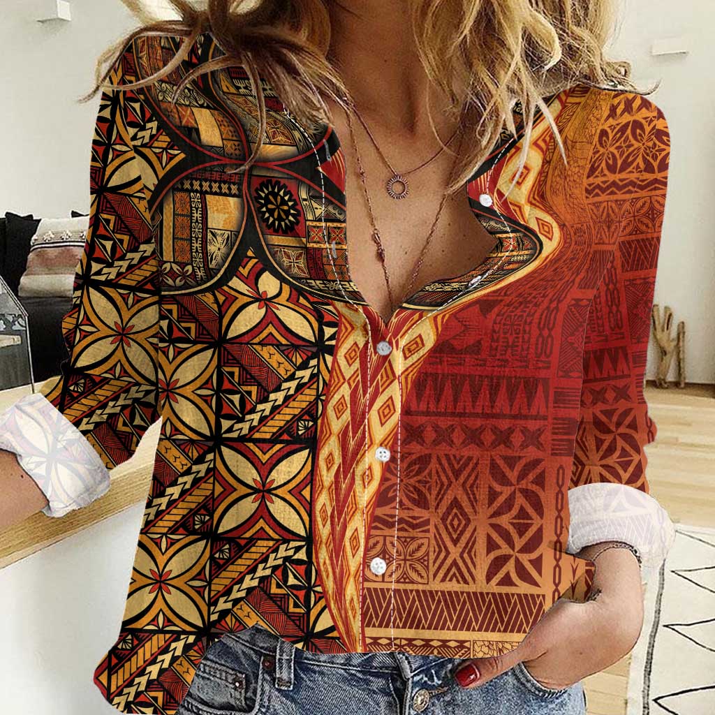Samoan Pacific Tribal Flower Geometric Art Tattoos Women Casual Shirt Siapo Pattern Flame Sunset - Polynesian Pride