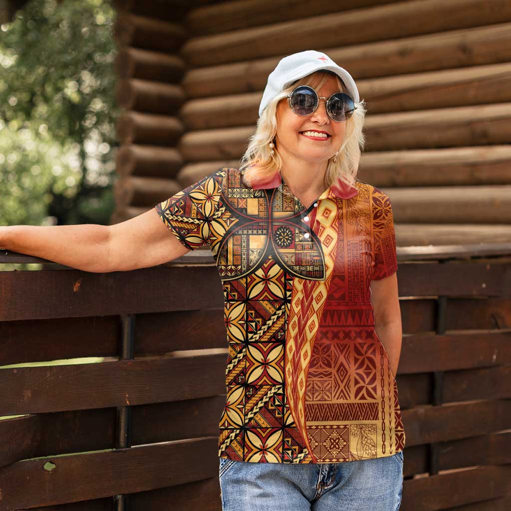 Samoan Pacific Tribal Flower Geometric Art Tattoos Women Polo Shirt Siapo Pattern Flame Sunset - Polynesian Pride