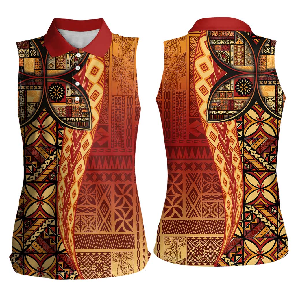 Samoan Pacific Tribal Flower Geometric Art Tattoos Women Sleeveless Polo Shirt Siapo Pattern Flame Sunset - Polynesian Pride