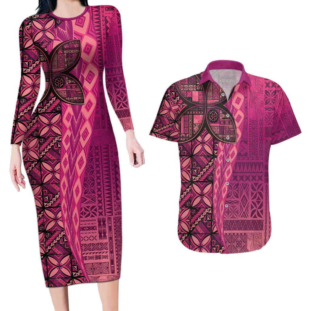 Samoan Pacific Tribal Flower Geometric Art Tattoos Couples Matching Long Sleeve Bodycon Dress and Hawaiian Shirt Siapo Pattern Romantic Rose LT03 Pink - Polynesian Pride