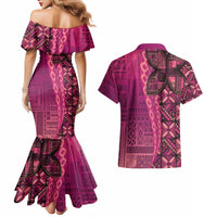 Samoan Pacific Tribal Flower Geometric Art Tattoos Couples Matching Mermaid Dress and Hawaiian Shirt Siapo Pattern Romantic Rose - Polynesian Pride