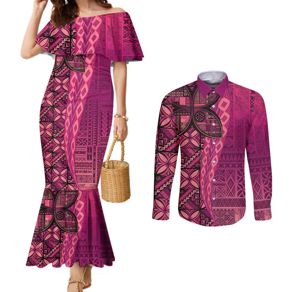 Samoan Pacific Tribal Flower Geometric Art Tattoos Couples Matching Mermaid Dress and Long Sleeve Button Shirt Siapo Pattern Romantic Rose - Polynesian Pride