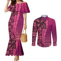 Samoan Pacific Tribal Flower Geometric Art Tattoos Couples Matching Mermaid Dress and Long Sleeve Button Shirt Siapo Pattern Romantic Rose - Polynesian Pride