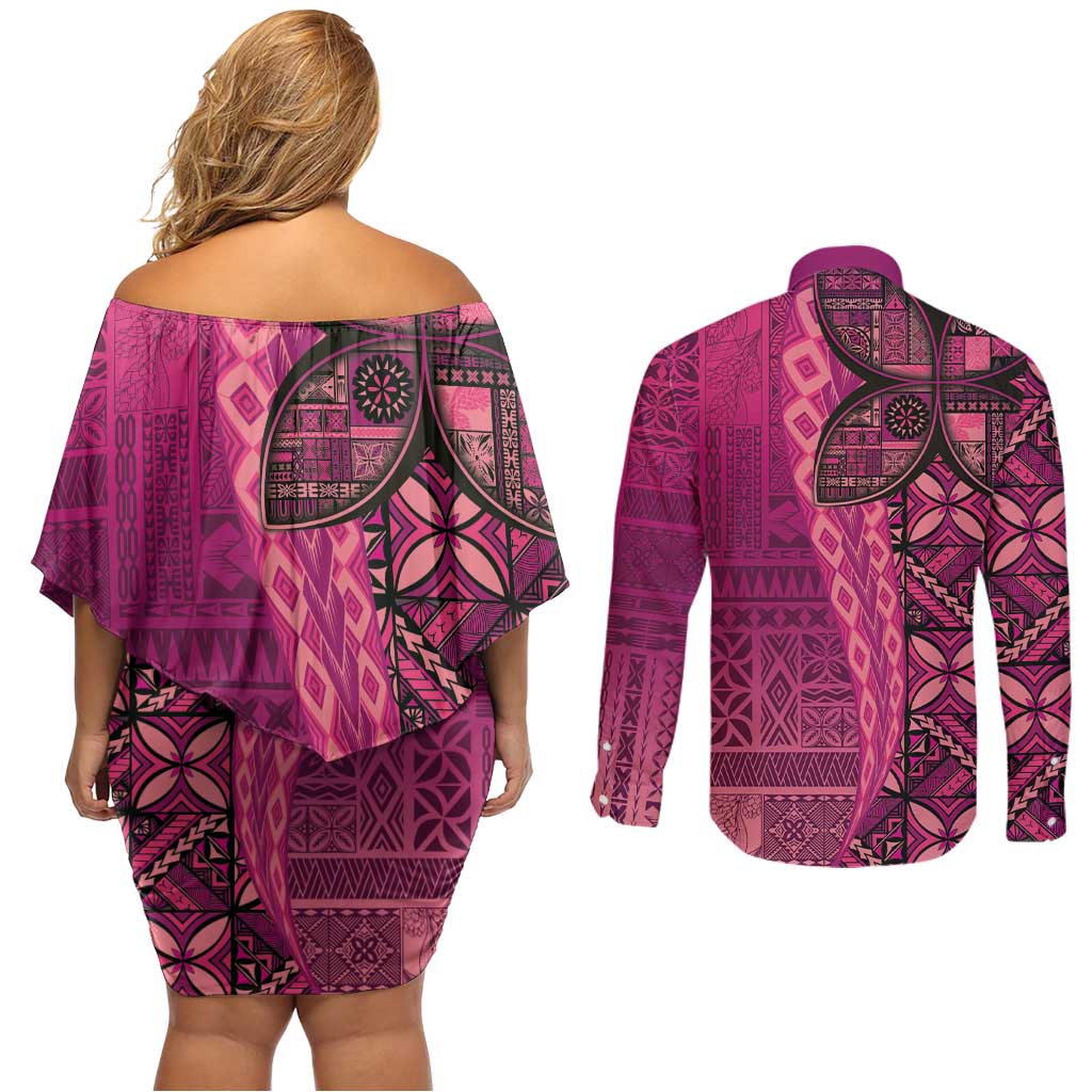 Samoan Pacific Tribal Flower Geometric Art Tattoos Couples Matching Off Shoulder Short Dress and Long Sleeve Button Shirt Siapo Pattern Romantic Rose - Polynesian Pride