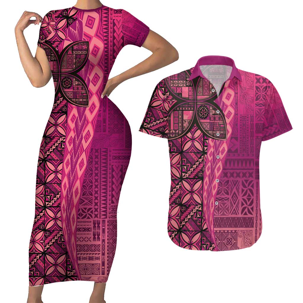 Samoan Pacific Tribal Flower Geometric Art Tattoos Couples Matching Short Sleeve Bodycon Dress and Hawaiian Shirt Siapo Pattern Romantic Rose LT03 Pink - Polynesian Pride