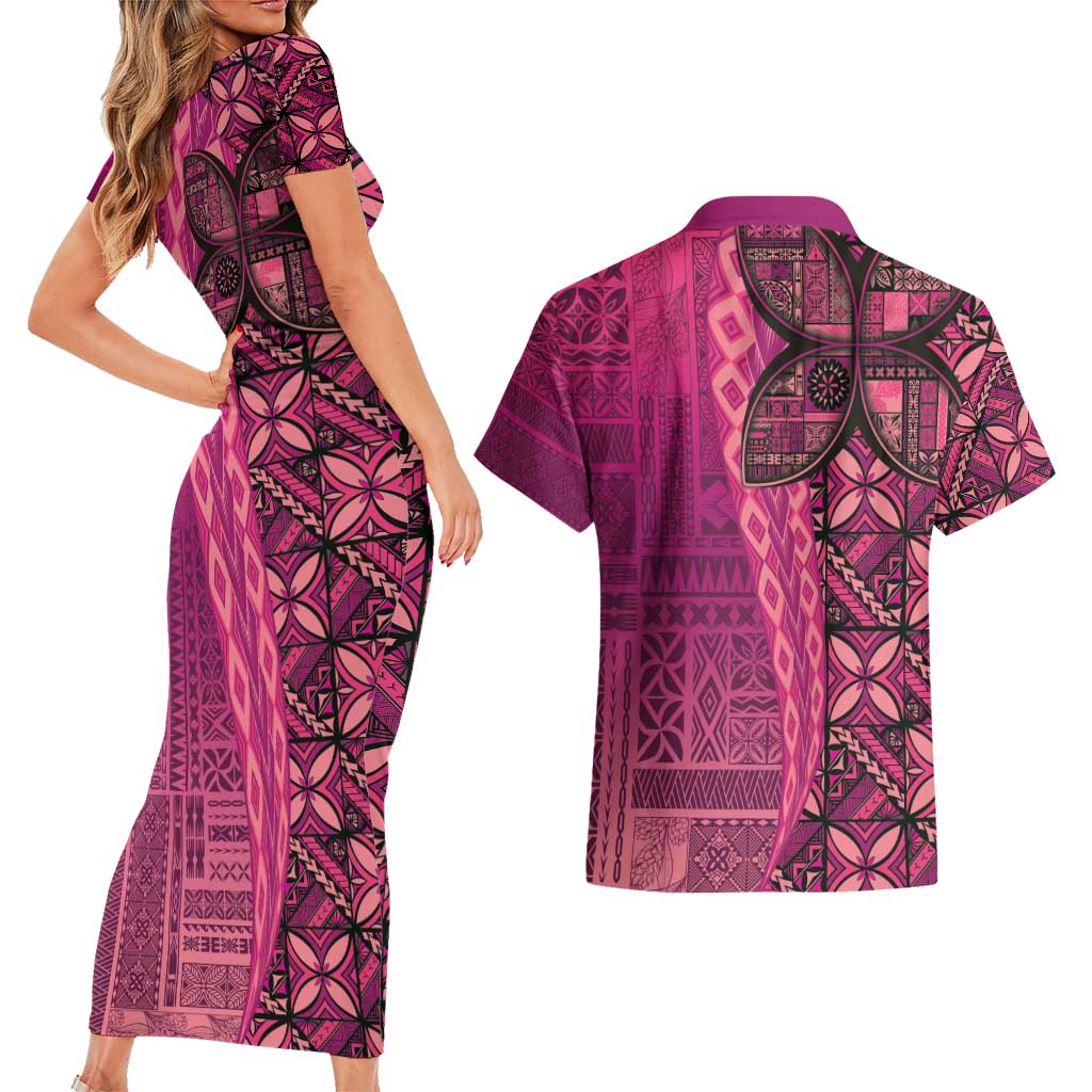 Samoan Pacific Tribal Flower Geometric Art Tattoos Couples Matching Short Sleeve Bodycon Dress and Hawaiian Shirt Siapo Pattern Romantic Rose LT03 - Polynesian Pride