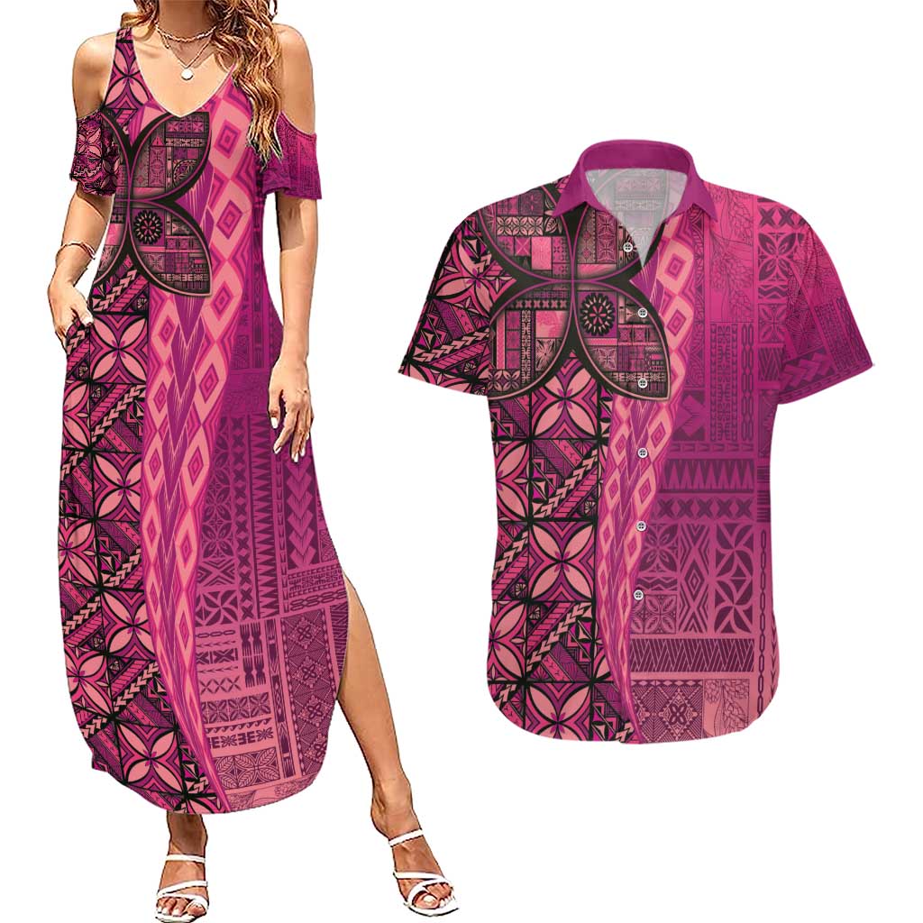 Samoan Pacific Tribal Flower Geometric Art Tattoos Couples Matching Summer Maxi Dress and Hawaiian Shirt Siapo Pattern Romantic Rose - Polynesian Pride