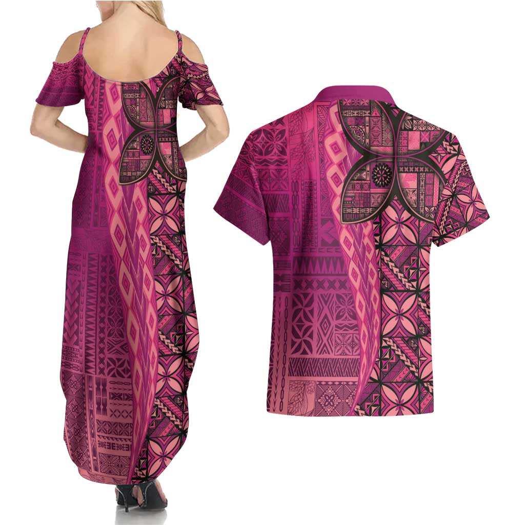 Samoan Pacific Tribal Flower Geometric Art Tattoos Couples Matching Summer Maxi Dress and Hawaiian Shirt Siapo Pattern Romantic Rose - Polynesian Pride