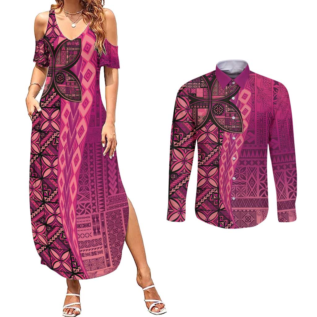 Samoan Pacific Tribal Flower Geometric Art Tattoos Couples Matching Summer Maxi Dress and Long Sleeve Button Shirt Siapo Pattern Romantic Rose - Polynesian Pride