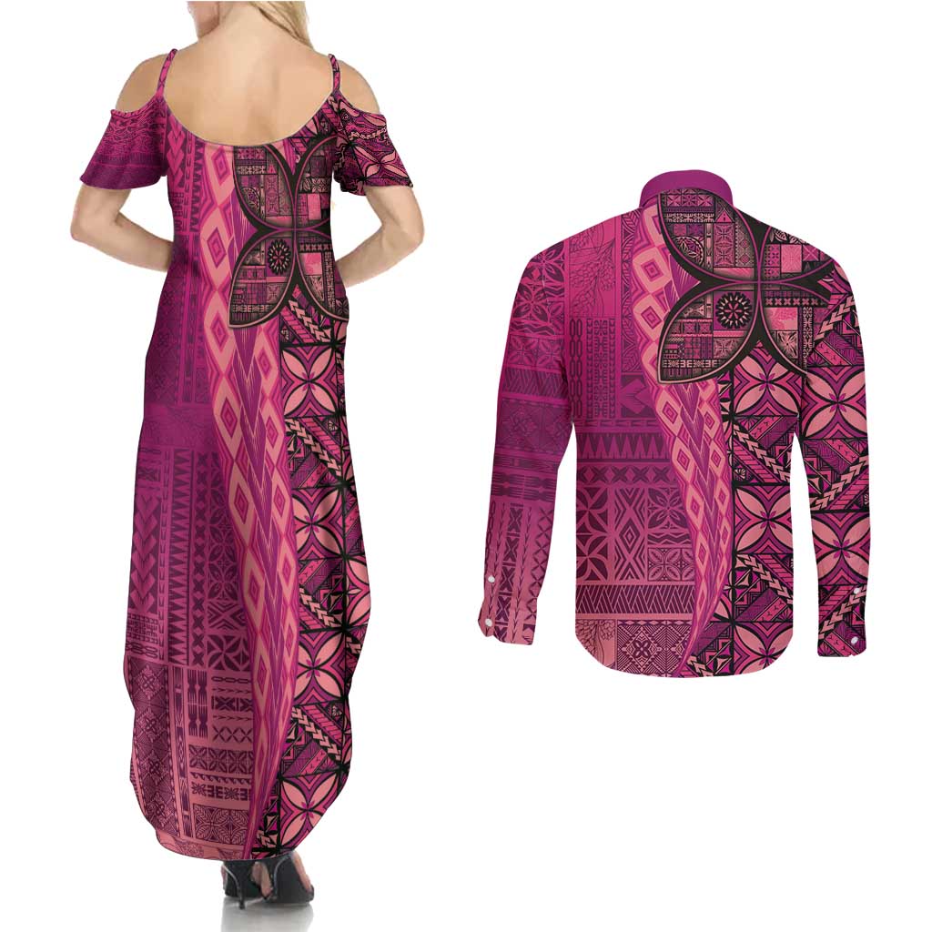 Samoan Pacific Tribal Flower Geometric Art Tattoos Couples Matching Summer Maxi Dress and Long Sleeve Button Shirt Siapo Pattern Romantic Rose - Polynesian Pride