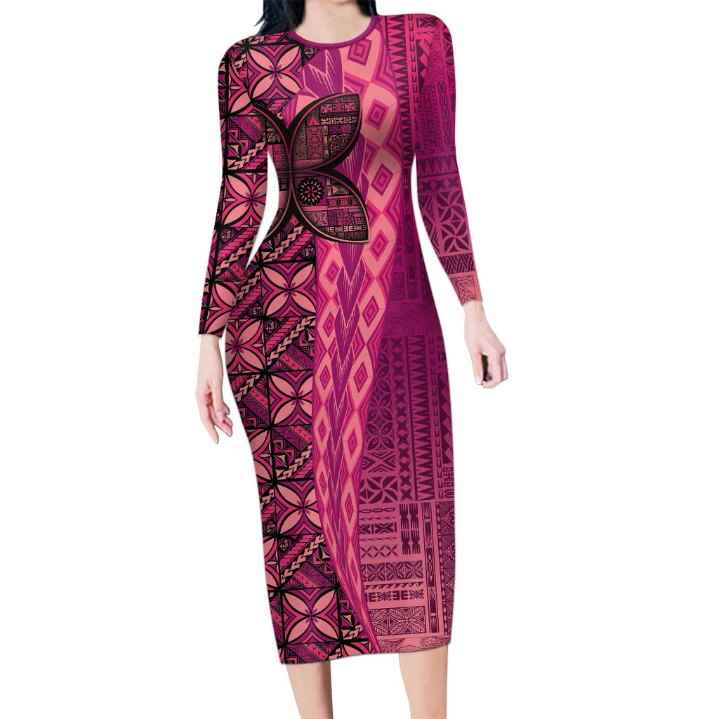 Samoan Pacific Tribal Flower Geometric Art Tattoos Family Matching Long Sleeve Bodycon Dress and Hawaiian Shirt Siapo Pattern Romantic Rose LT03 Mom's Dress Pink - Polynesian Pride
