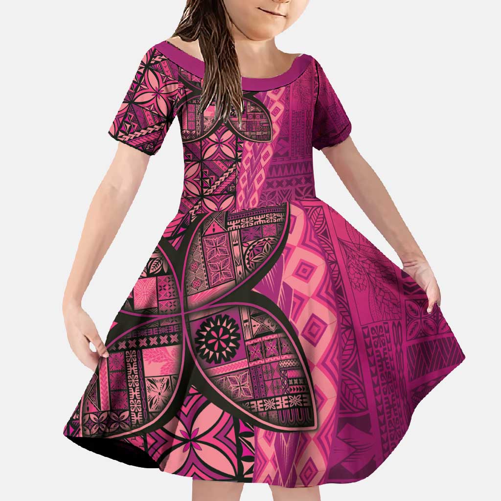Samoan Pacific Tribal Flower Geometric Art Tattoos Family Matching Mermaid Dress and Hawaiian Shirt Siapo Pattern Romantic Rose LT03 Daughter's Dress Pink - Polynesian Pride