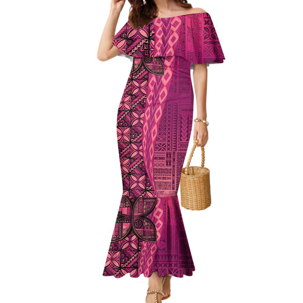 Samoan Pacific Tribal Flower Geometric Art Tattoos Family Matching Mermaid Dress and Hawaiian Shirt Siapo Pattern Romantic Rose LT03 Mom's Dress Pink - Polynesian Pride