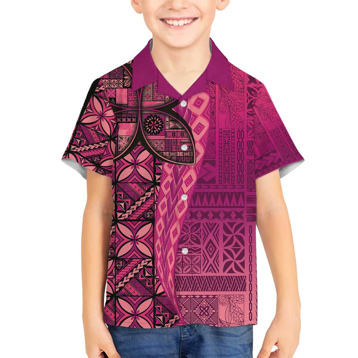 Samoan Pacific Tribal Flower Geometric Art Tattoos Family Matching Off The Shoulder Long Sleeve Dress and Hawaiian Shirt Siapo Pattern Romantic Rose LT03 Son's Shirt Pink - Polynesian Pride