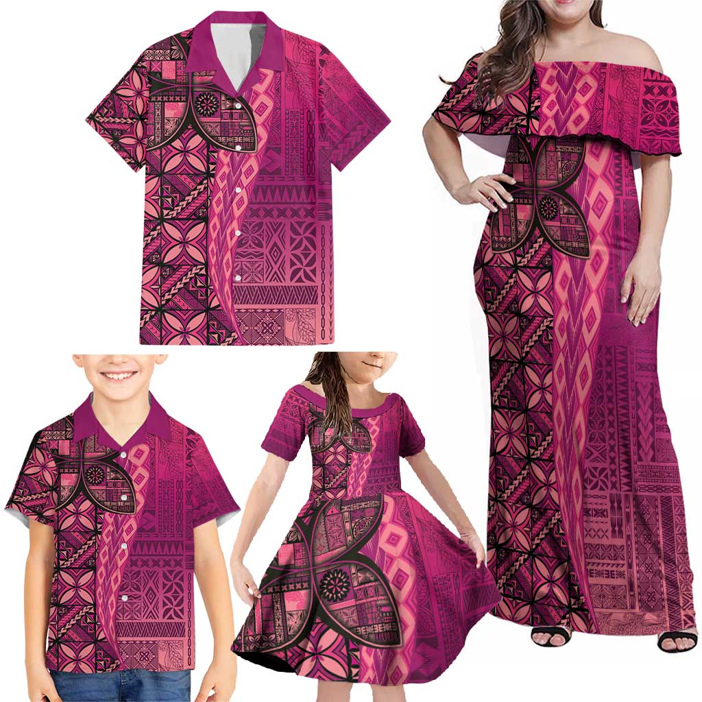 Samoan Pacific Tribal Flower Geometric Art Tattoos Family Matching Off Shoulder Maxi Dress and Hawaiian Shirt Siapo Pattern Romantic Rose LT03 - Polynesian Pride