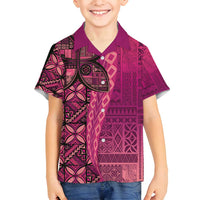 Samoan Pacific Tribal Flower Geometric Art Tattoos Family Matching Off Shoulder Maxi Dress and Hawaiian Shirt Siapo Pattern Romantic Rose LT03 Son's Shirt Pink - Polynesian Pride