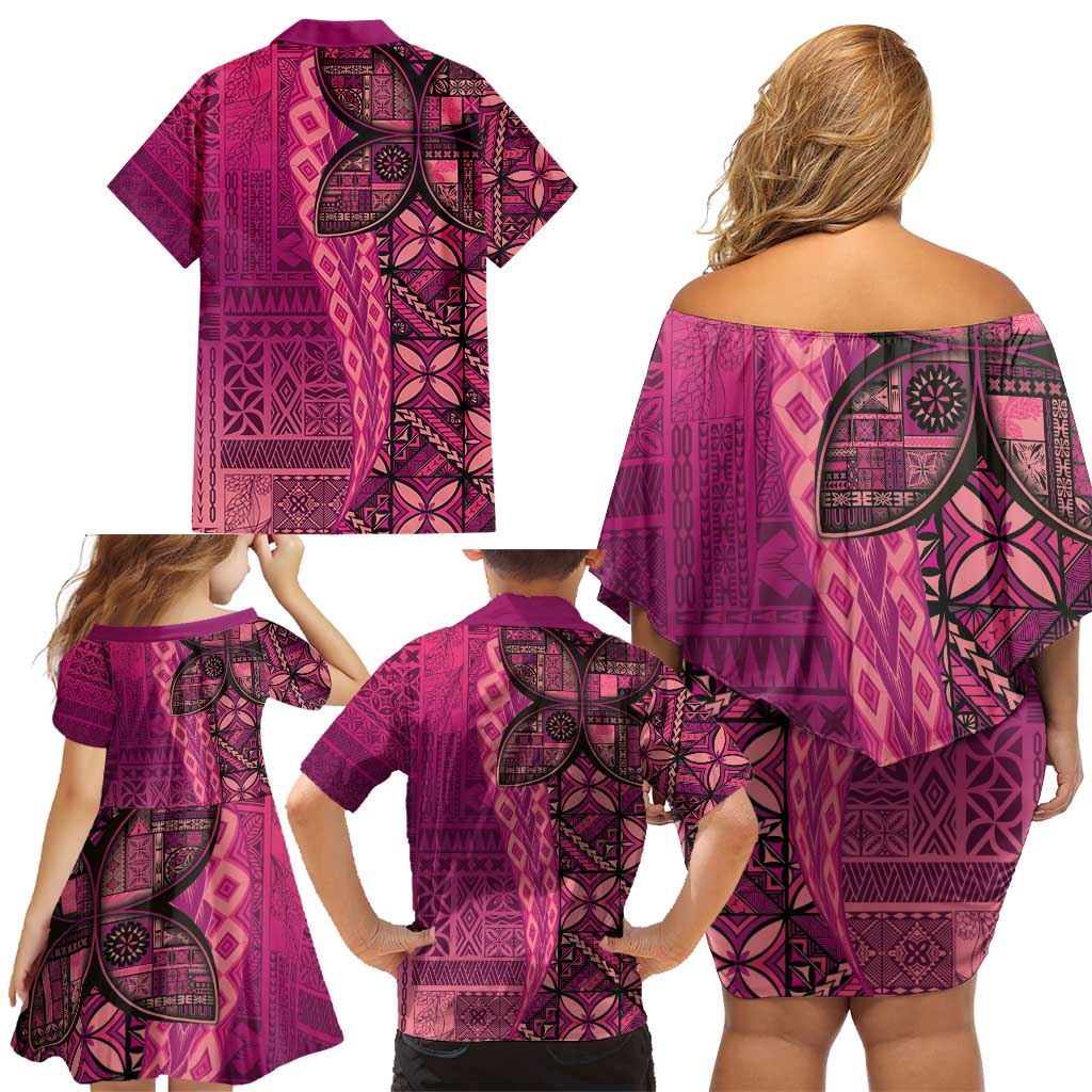 Samoan Pacific Tribal Flower Geometric Art Tattoos Family Matching Off Shoulder Short Dress and Hawaiian Shirt Siapo Pattern Romantic Rose LT03 - Polynesian Pride