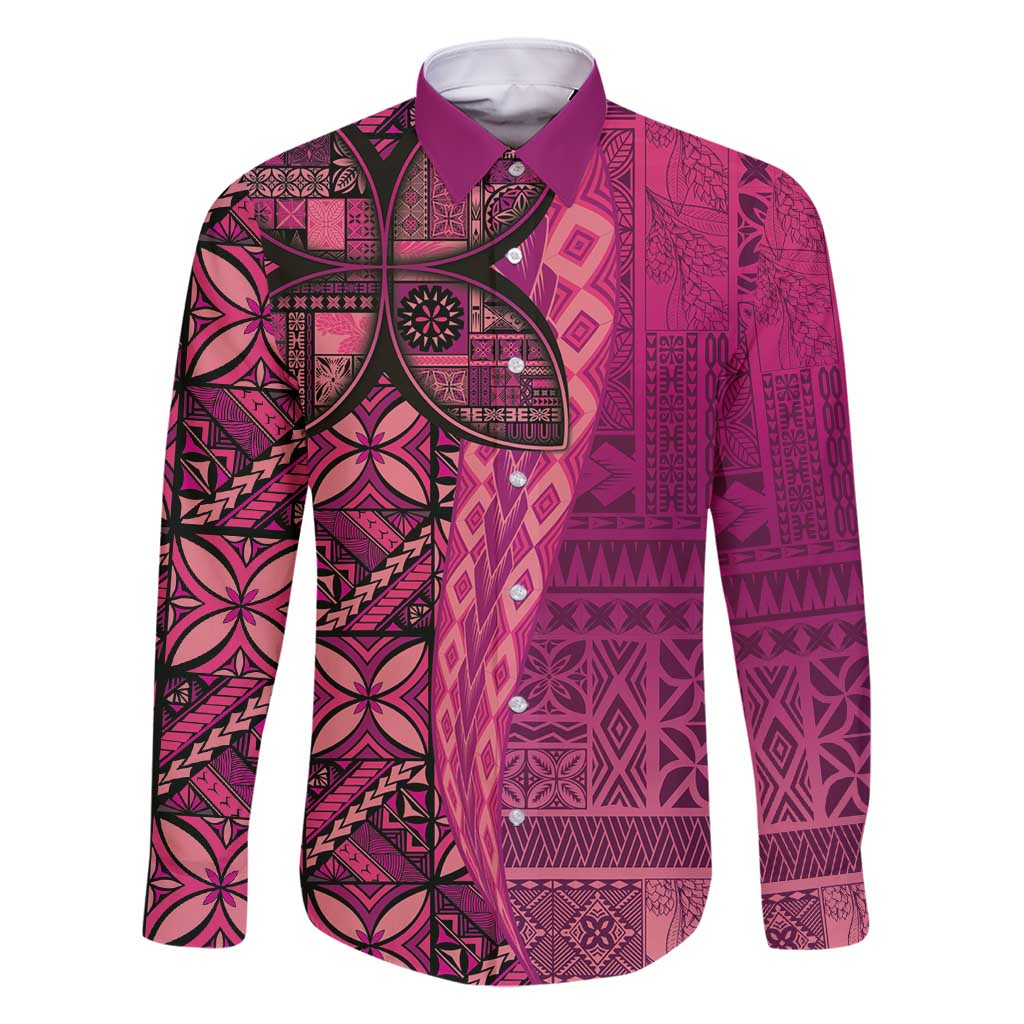 Samoan Pacific Tribal Flower Geometric Art Tattoos Family Matching Off Shoulder Short Dress and Hawaiian Shirt Siapo Pattern Romantic Rose LT03 Dad's Shirt - Long Sleeve Pink - Polynesian Pride