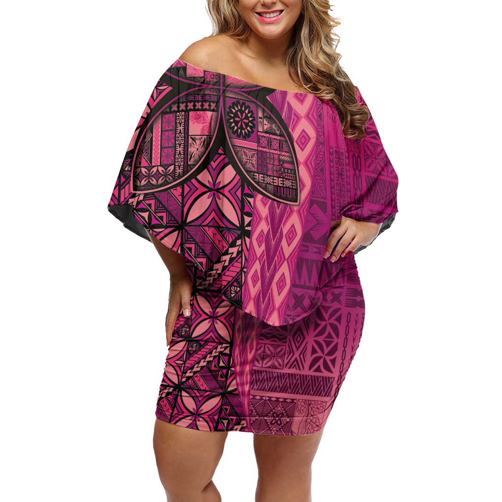 Samoan Pacific Tribal Flower Geometric Art Tattoos Family Matching Off Shoulder Short Dress and Hawaiian Shirt Siapo Pattern Romantic Rose LT03 Mom's Dress Pink - Polynesian Pride