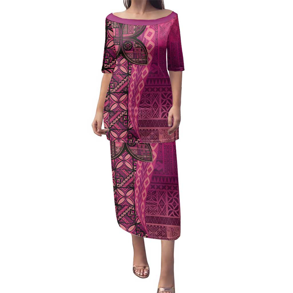 Samoan Pacific Tribal Flower Geometric Art Tattoos Family Matching Puletasi and Hawaiian Shirt Siapo Pattern Romantic Rose LT03 Mom's Dress Pink - Polynesian Pride