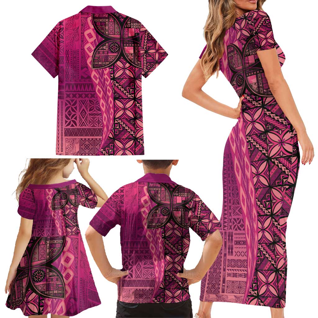 Samoan Pacific Tribal Flower Geometric Art Tattoos Family Matching Short Sleeve Bodycon Dress and Hawaiian Shirt Siapo Pattern Romantic Rose LT03 - Polynesian Pride