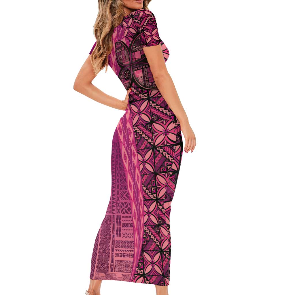 Samoan Pacific Tribal Flower Geometric Art Tattoos Family Matching Short Sleeve Bodycon Dress and Hawaiian Shirt Siapo Pattern Romantic Rose LT03 - Polynesian Pride