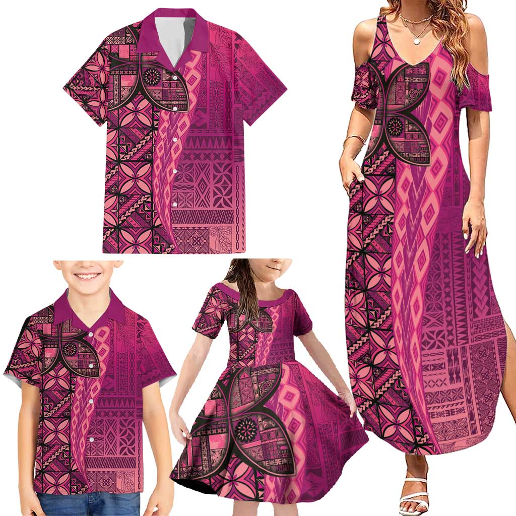 Samoan Pacific Tribal Flower Geometric Art Tattoos Family Matching Summer Maxi Dress and Hawaiian Shirt Siapo Pattern Romantic Rose LT03 - Polynesian Pride