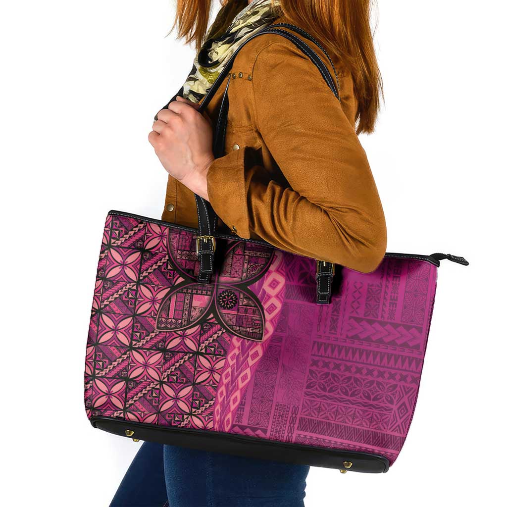 Samoan Pacific Tribal Flower Geometric Art Tattoos Leather Tote Bag Siapo Pattern Romantic Rose - Polynesian Pride