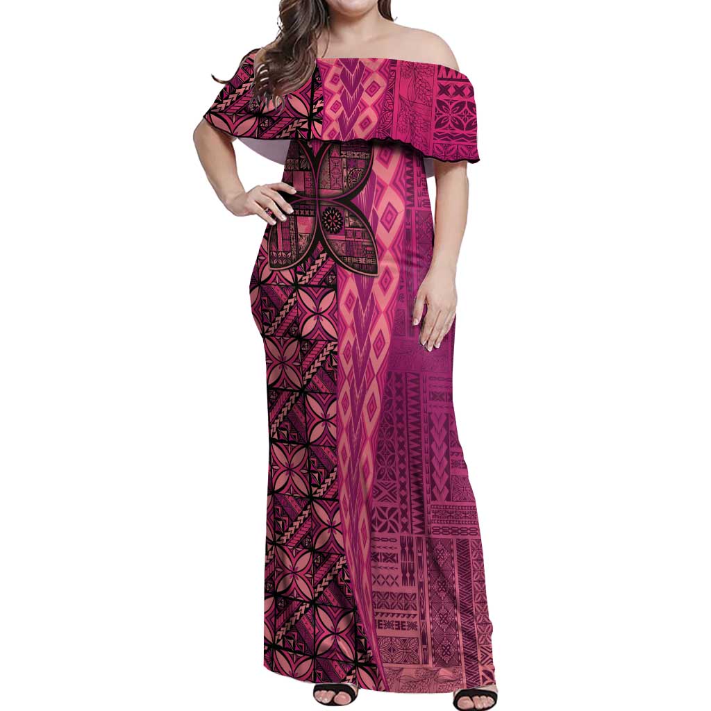Samoan Pacific Tribal Flower Geometric Art Tattoos Off Shoulder Maxi Dress Siapo Pattern Romantic Rose - Polynesian Pride