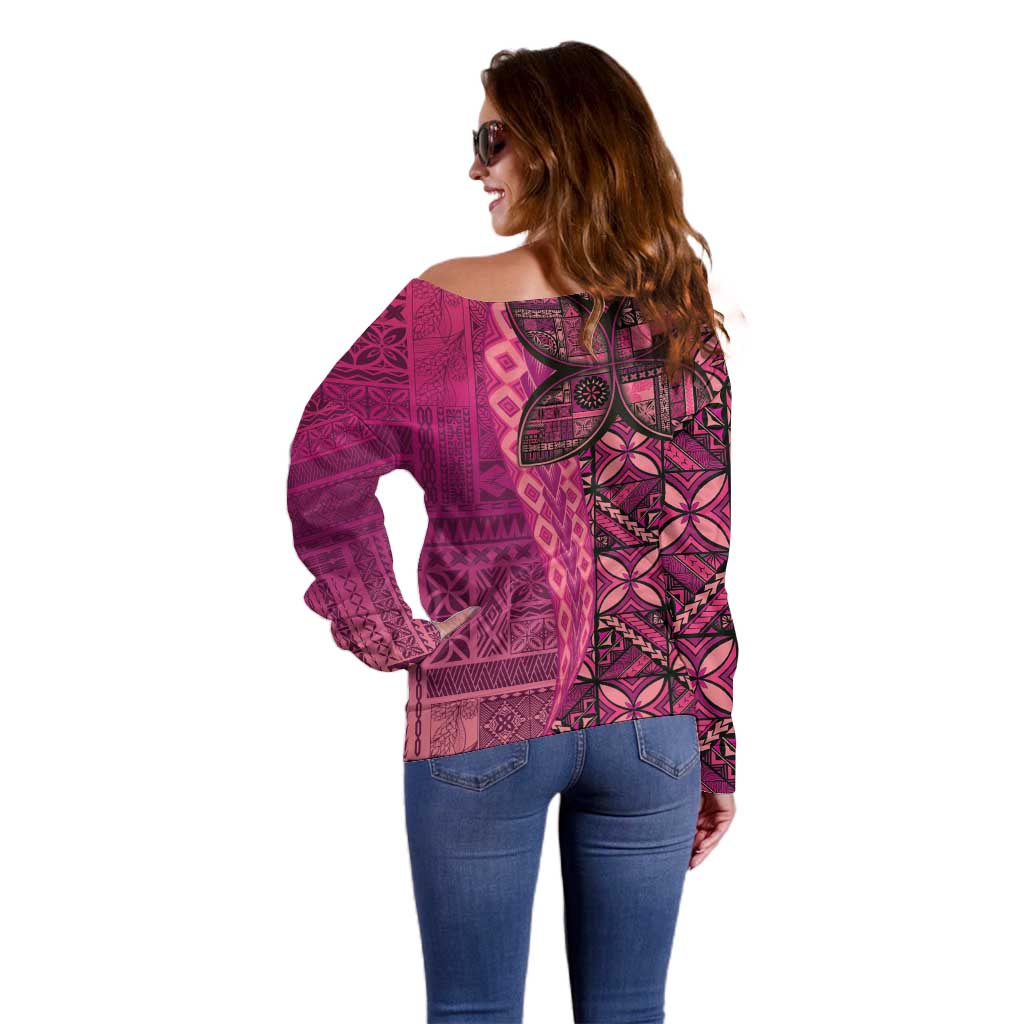 Samoan Pacific Tribal Flower Geometric Art Tattoos Off Shoulder Sweater Siapo Pattern Romantic Rose - Polynesian Pride