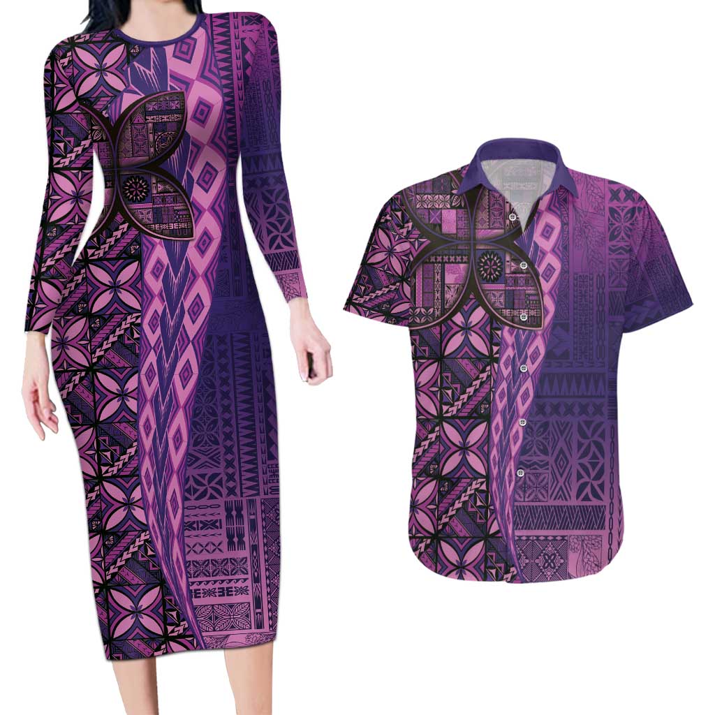 Samoan Pacific Tribal Flower Geometric Art Tattoos Couples Matching Long Sleeve Bodycon Dress and Hawaiian Shirt Siapo Pattern Purple Haze LT03 Purple - Polynesian Pride
