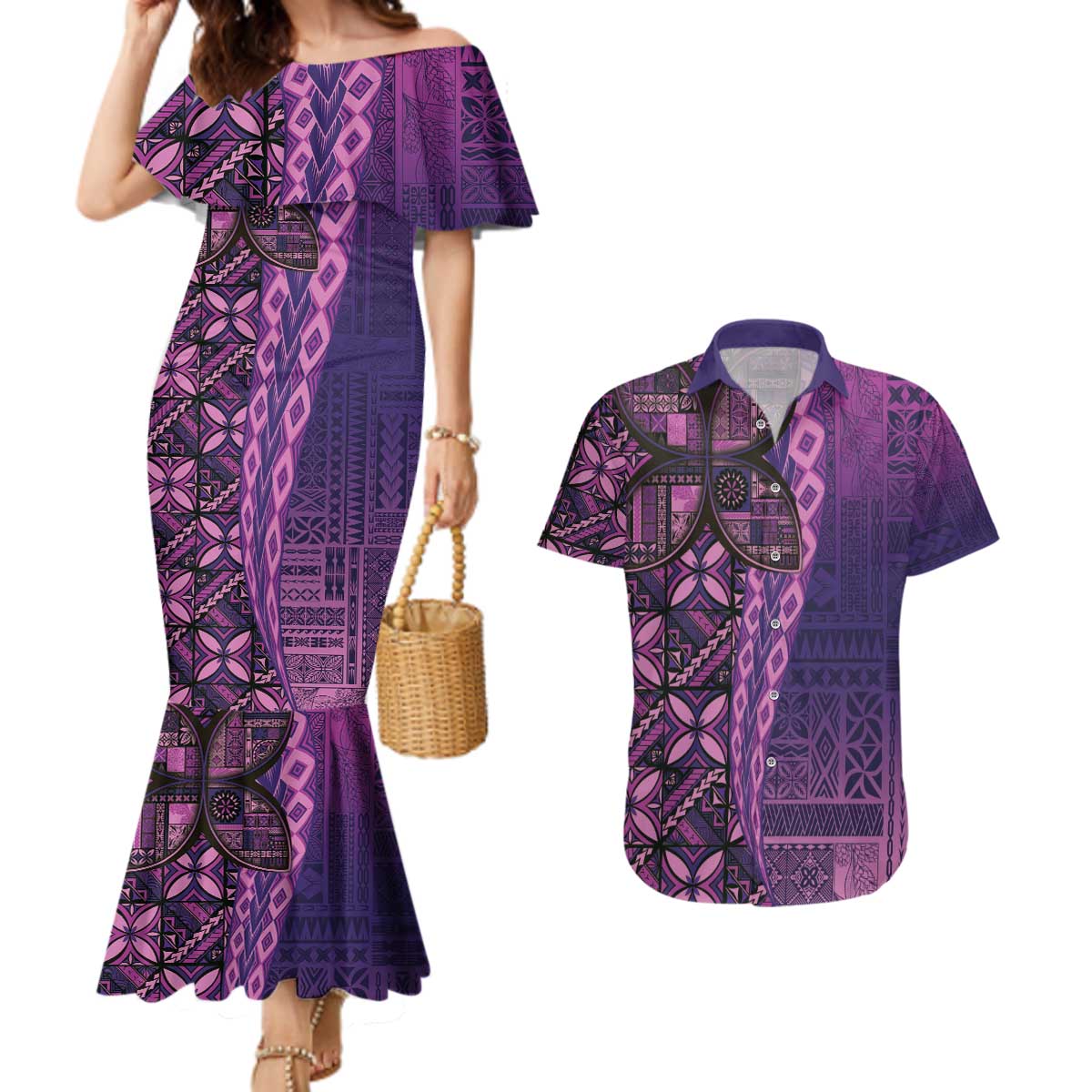 Samoan Pacific Tribal Flower Geometric Art Tattoos Couples Matching Mermaid Dress and Hawaiian Shirt Siapo Pattern Purple Haze LT03 Purple - Polynesian Pride