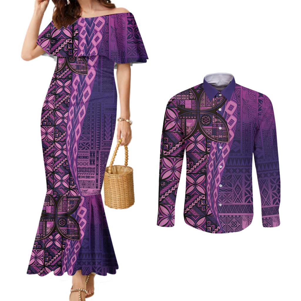 Samoan Pacific Tribal Flower Geometric Art Tattoos Couples Matching Mermaid Dress and Long Sleeve Button Shirt Siapo Pattern Purple Haze LT03 Purple - Polynesian Pride