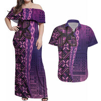 Samoan Pacific Tribal Flower Geometric Art Tattoos Couples Matching Off Shoulder Maxi Dress and Hawaiian Shirt Siapo Pattern Purple Haze LT03 Purple - Polynesian Pride
