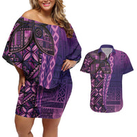 Samoan Pacific Tribal Flower Geometric Art Tattoos Couples Matching Off Shoulder Short Dress and Hawaiian Shirt Siapo Pattern Purple Haze LT03 Purple - Polynesian Pride