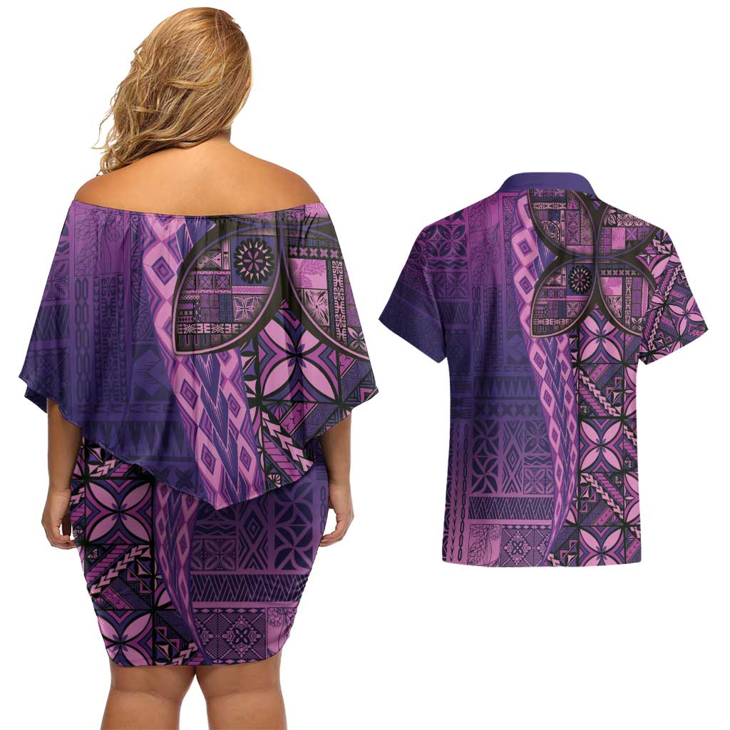 Samoan Pacific Tribal Flower Geometric Art Tattoos Couples Matching Off Shoulder Short Dress and Hawaiian Shirt Siapo Pattern Purple Haze LT03 - Polynesian Pride