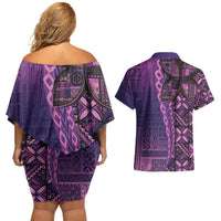 Samoan Pacific Tribal Flower Geometric Art Tattoos Couples Matching Off Shoulder Short Dress and Hawaiian Shirt Siapo Pattern Purple Haze LT03 - Polynesian Pride