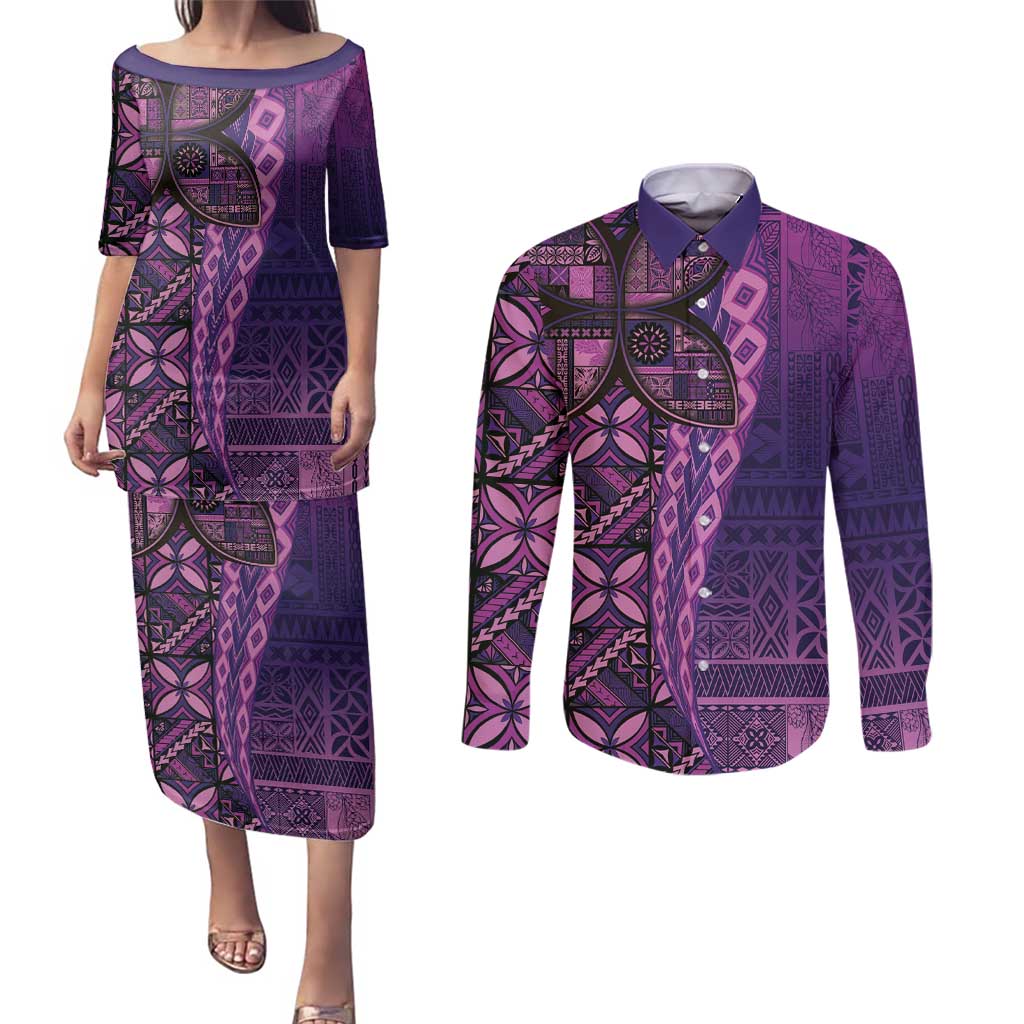 Samoan Pacific Tribal Flower Geometric Art Tattoos Couples Matching Puletasi and Long Sleeve Button Shirt Siapo Pattern Purple Haze - Polynesian Pride